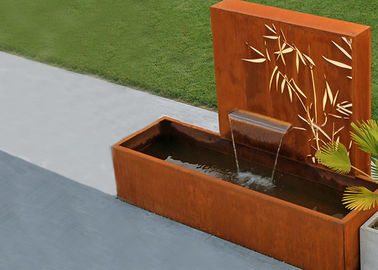 Square Rust Corten Steel Water Feature With LED Lights Customized Sizes