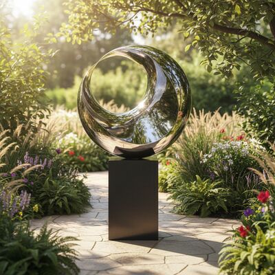 ভালো দাম ক্রিসেন্ট প্রতিফলিত ভাস্কর্য: পালিশ করা ইস্পাত ও কালো মার্বেল শিল্পকর্ম অনলাইন